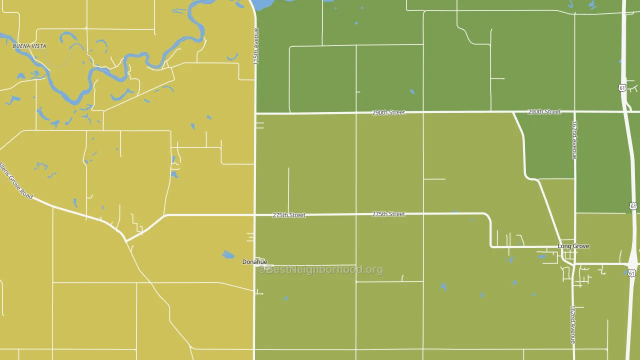 Map of the best neighborhoods in the Donahue area, with better matches in green and worse matches in red