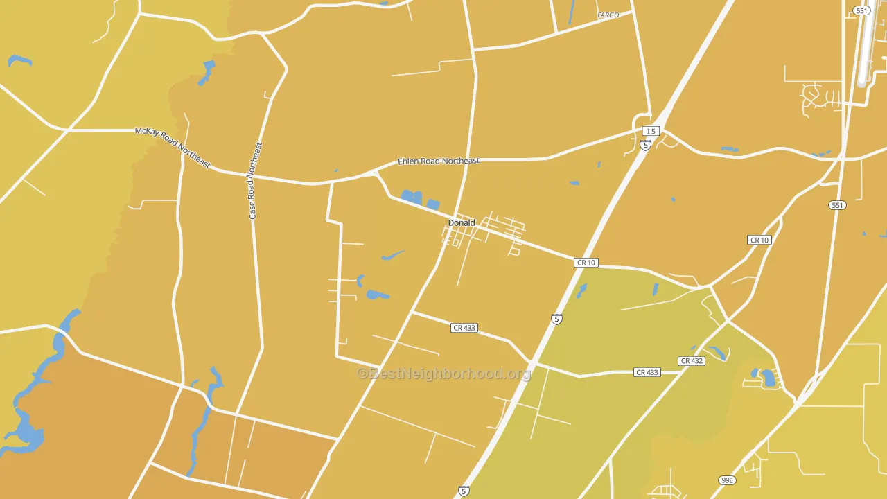 Map of the best neighborhoods in the Donald area, with better matches in green and worse matches in red