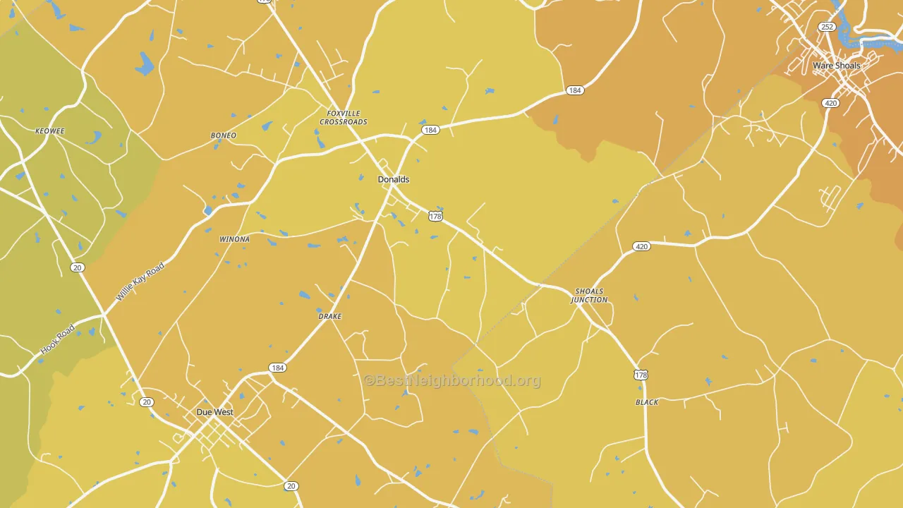 Map of the best neighborhoods in the Donalds area, with better matches in green and worse matches in red