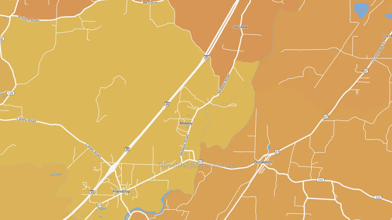 Map of the best neighborhoods in the Donaldson area, with better matches in green and worse matches in red
