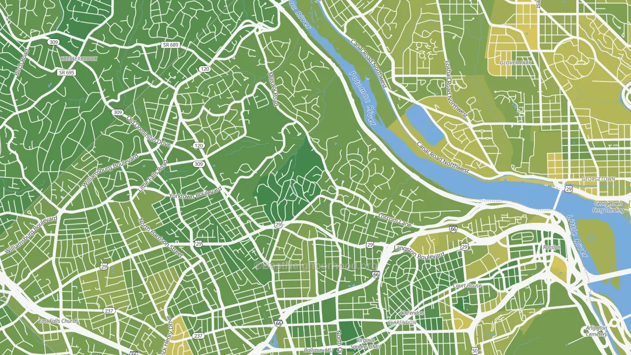 Map of the best neighborhoods in the Donaldson Run, Arlington area, with better matches in green and worse matches in red