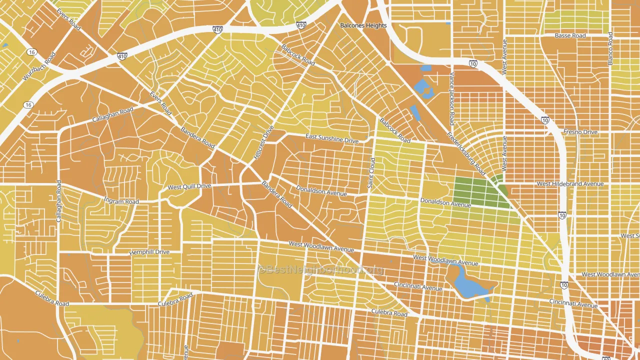 Map of the best neighborhoods in the Donaldson Terrace, San Antonio area, with better matches in green and worse matches in red