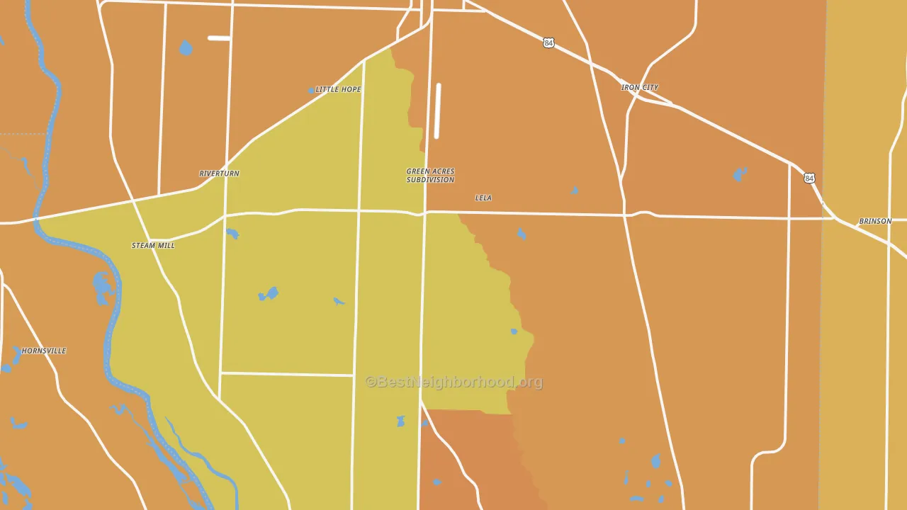 Map of the best neighborhoods in the Donalsonville area, with better matches in green and worse matches in red