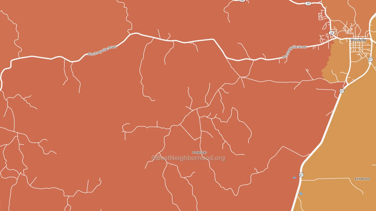 Map of the best neighborhoods in the Donegal area, with better matches in green and worse matches in red