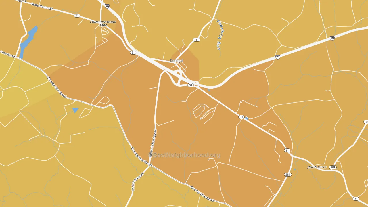 Map of the best neighborhoods in the Donegal area, with better matches in green and worse matches in red