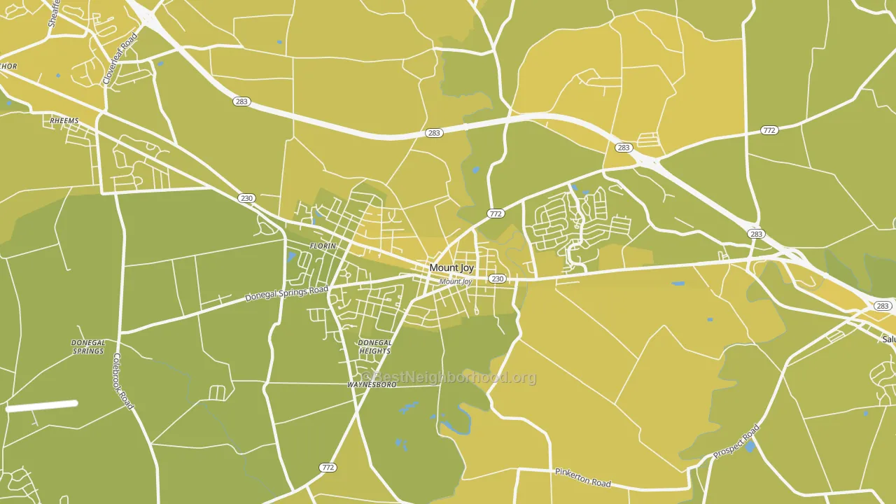 Map of the best neighborhoods in the Donegal Springs area, with better matches in green and worse matches in red