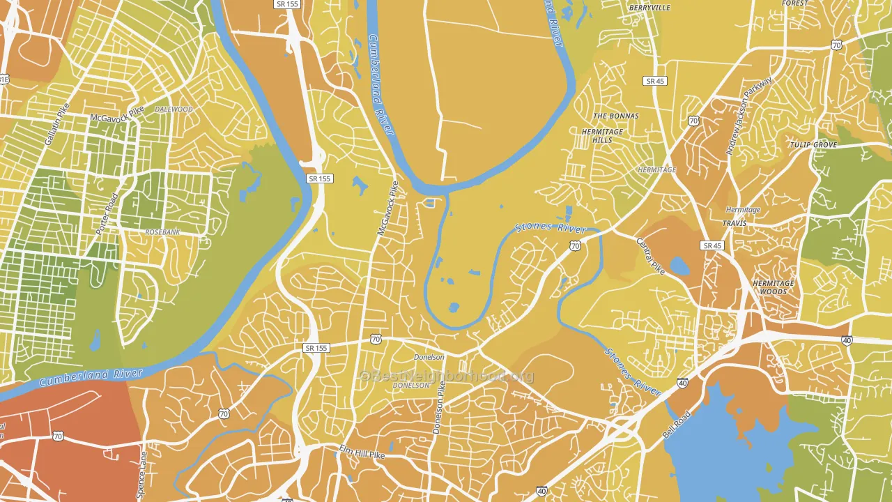 Map of the best neighborhoods in the Donelson, Nashville area, with better matches in green and worse matches in red