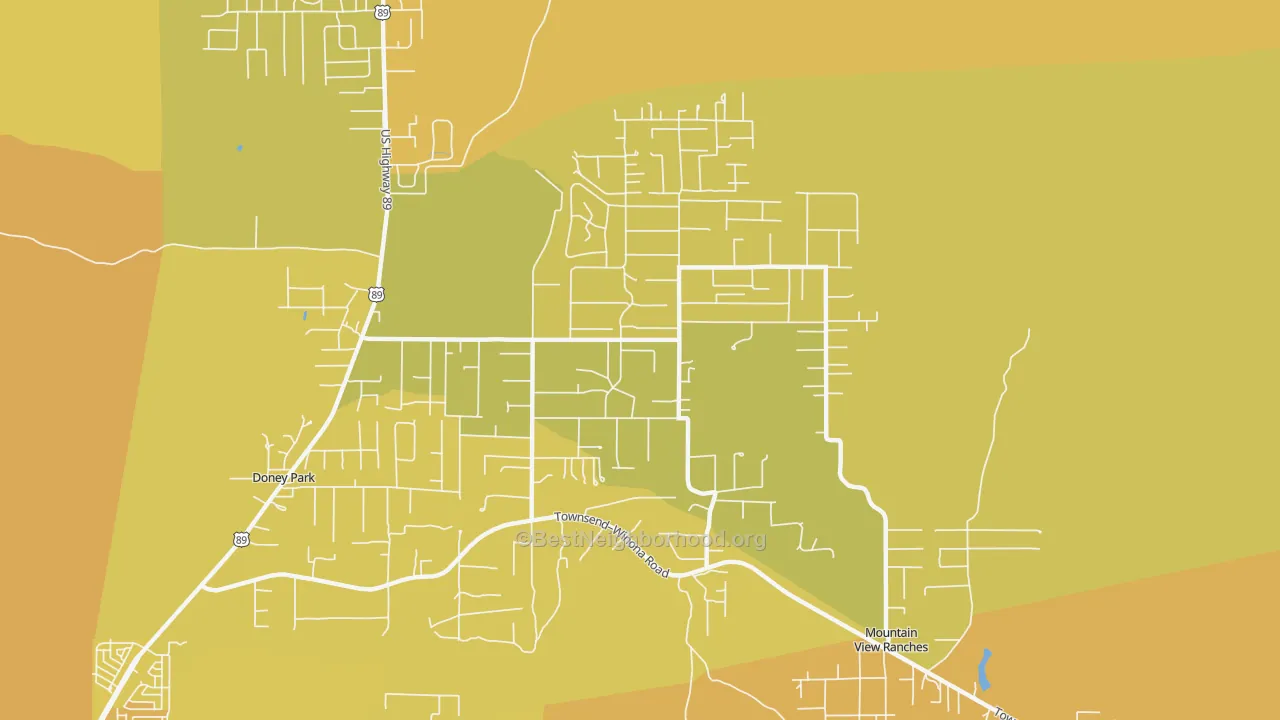 Map of the best neighborhoods in the Doney Park area, with better matches in green and worse matches in red