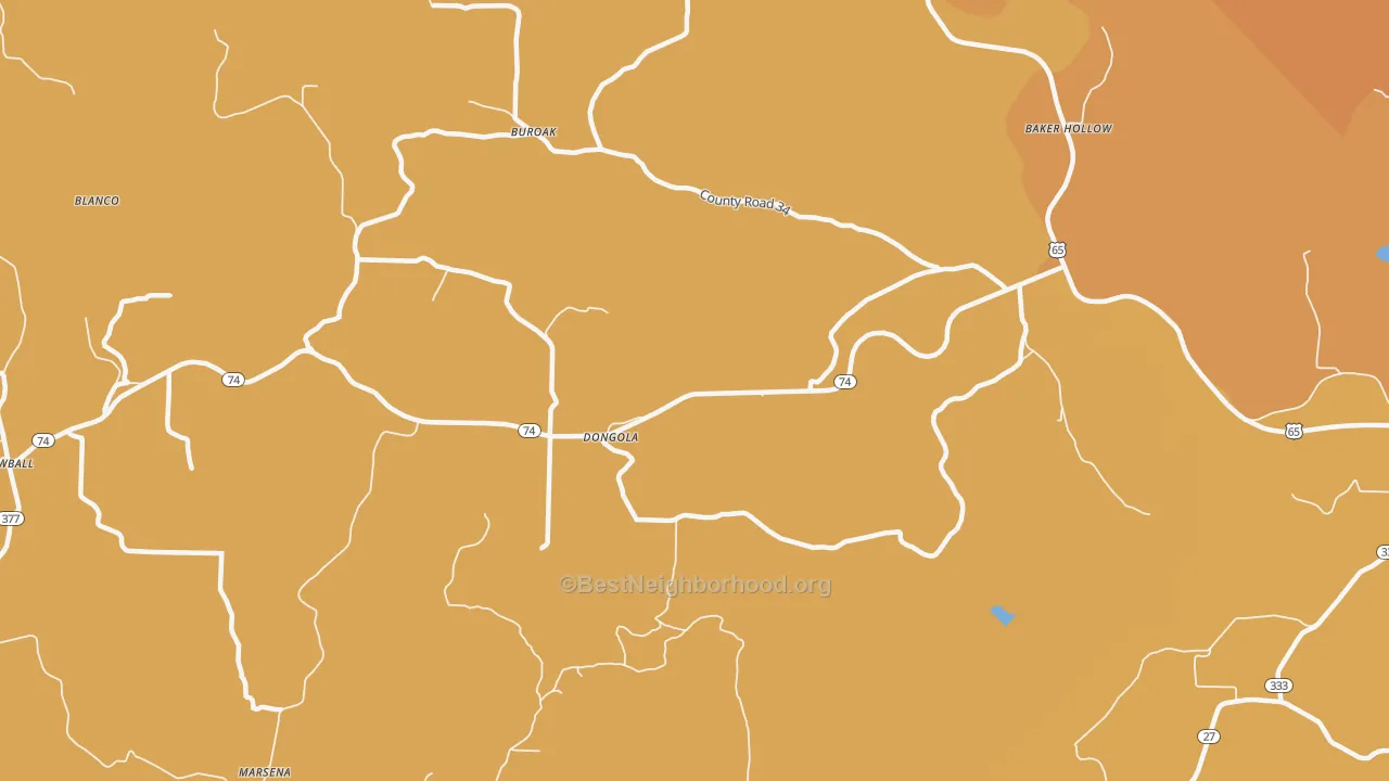 Map of the best neighborhoods in the Dongola area, with better matches in green and worse matches in red