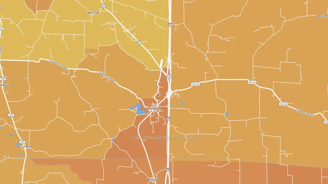 Map of the best neighborhoods in the Dongola area, with better matches in green and worse matches in red