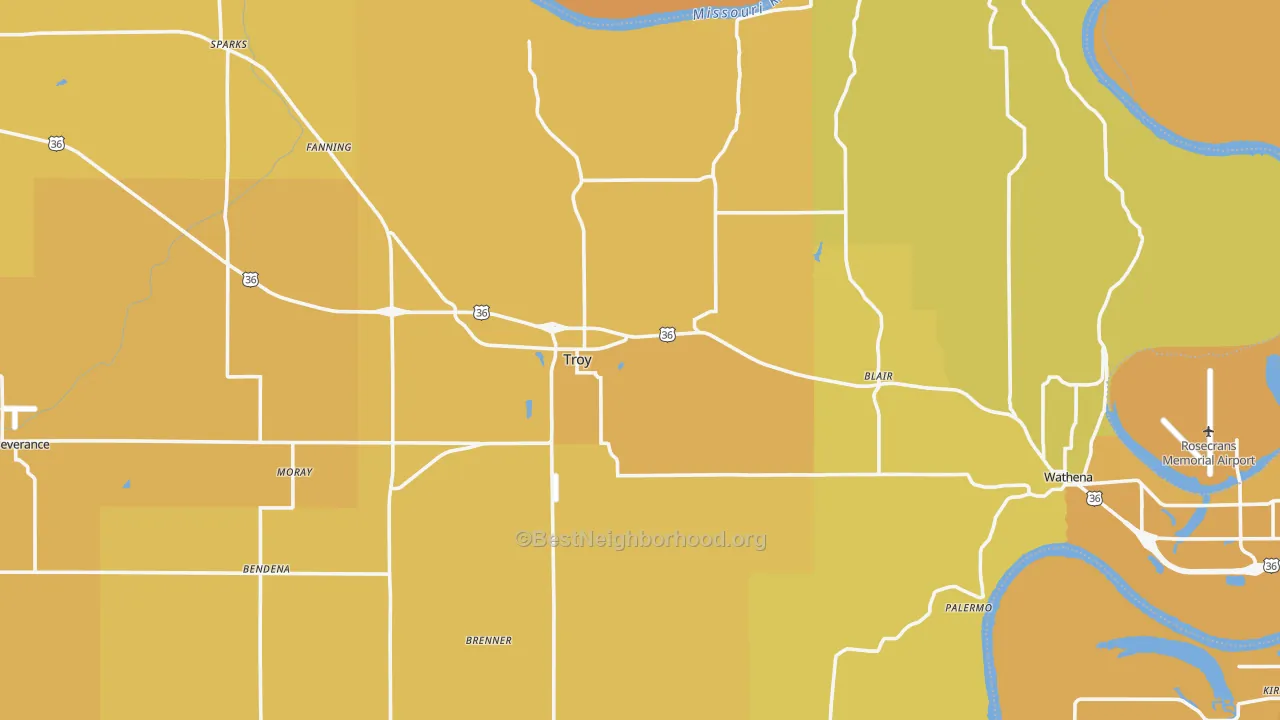 Map of the best neighborhoods in the Doniphan County area, with better matches in green and worse matches in red