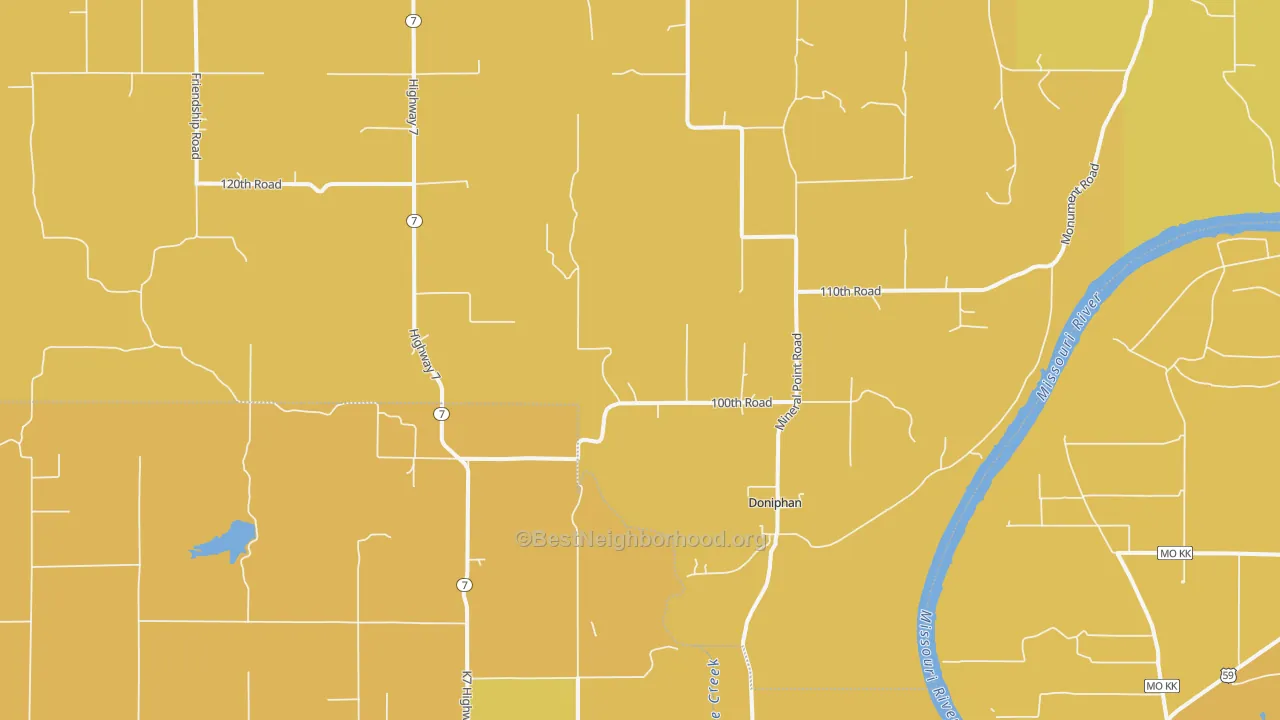 Map of the best neighborhoods in the Doniphan area, with better matches in green and worse matches in red