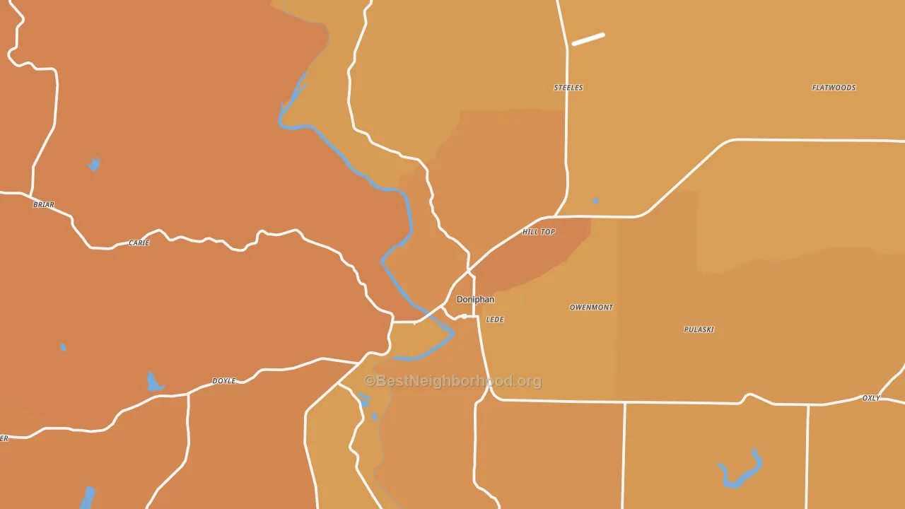 Map of the best neighborhoods in the Doniphan area, with better matches in green and worse matches in red