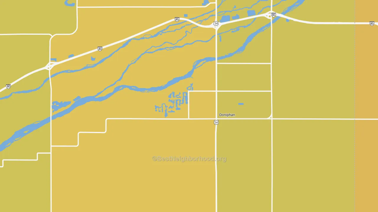 Map of the best neighborhoods in the Doniphan area, with better matches in green and worse matches in red