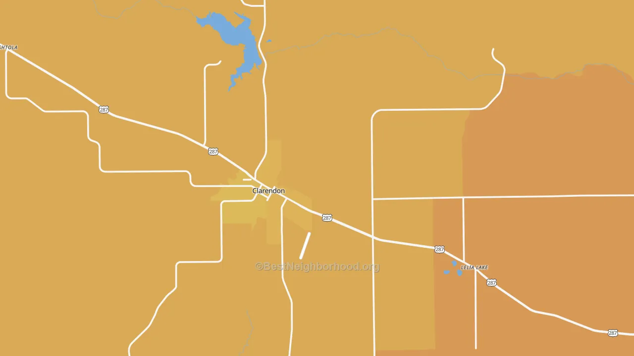 Map of the best neighborhoods in the Donley County area, with better matches in green and worse matches in red