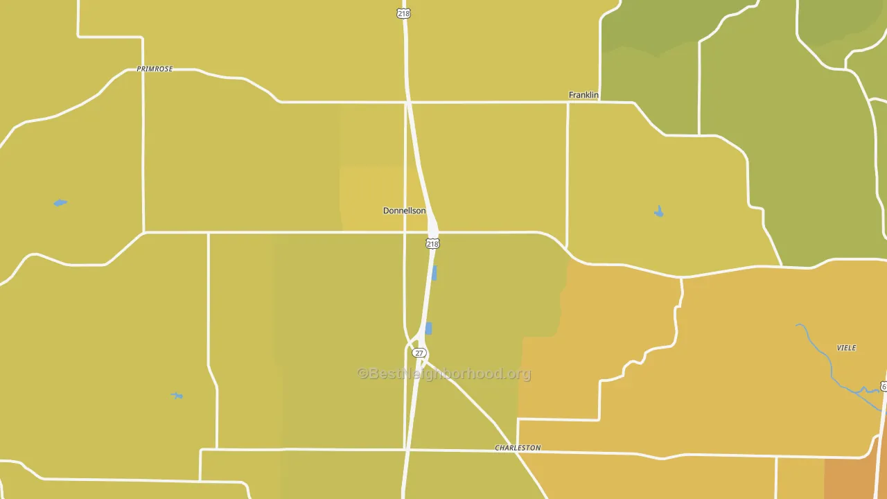 Map of the best neighborhoods in the Donnellson area, with better matches in green and worse matches in red