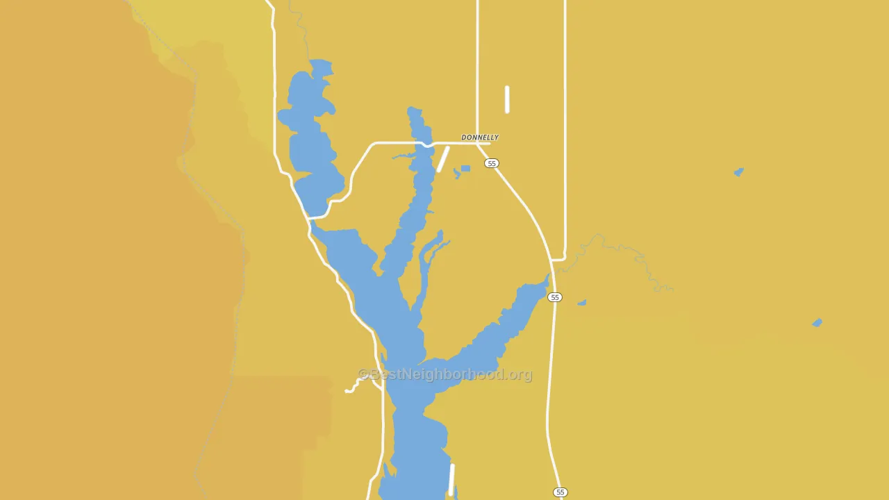 Map of the best neighborhoods in the Donnelly area, with better matches in green and worse matches in red