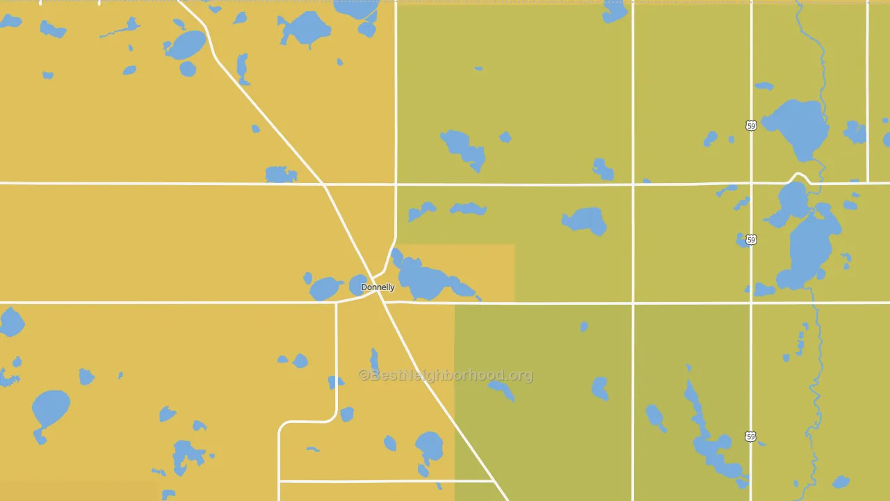 Map of the best neighborhoods in the Donnelly area, with better matches in green and worse matches in red