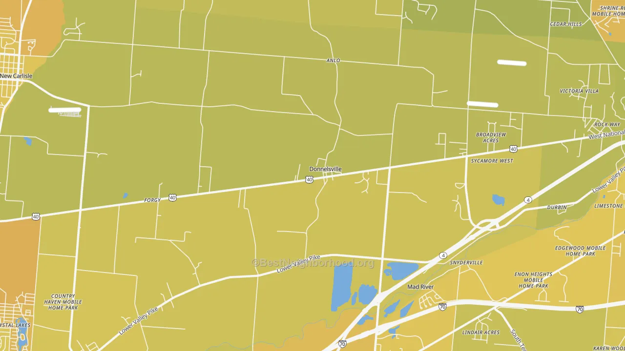 Map of the best neighborhoods in the Donnelsville area, with better matches in green and worse matches in red