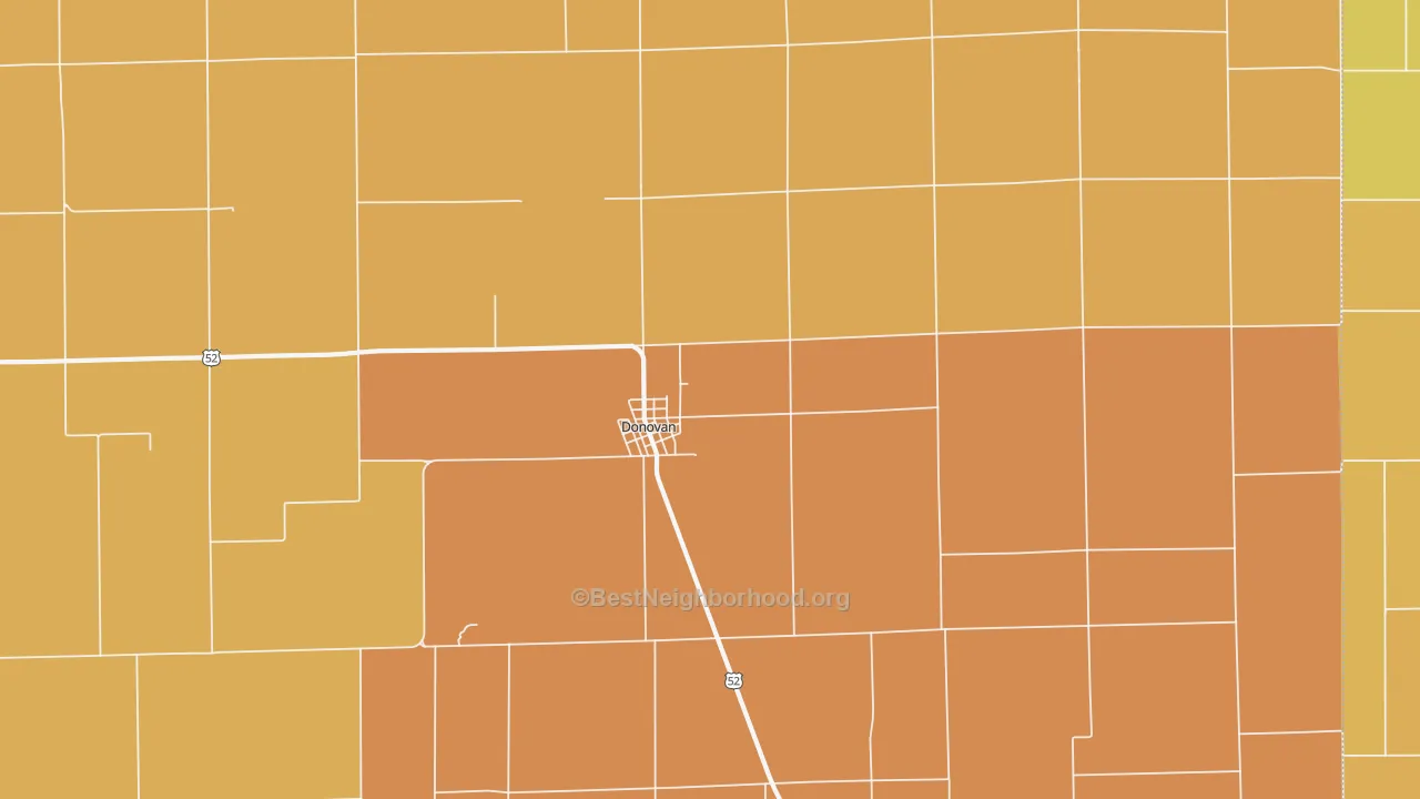 Map of the best neighborhoods in the Donovan area, with better matches in green and worse matches in red