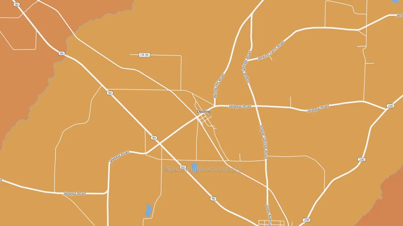 Map of the best neighborhoods in the Dooling area, with better matches in green and worse matches in red