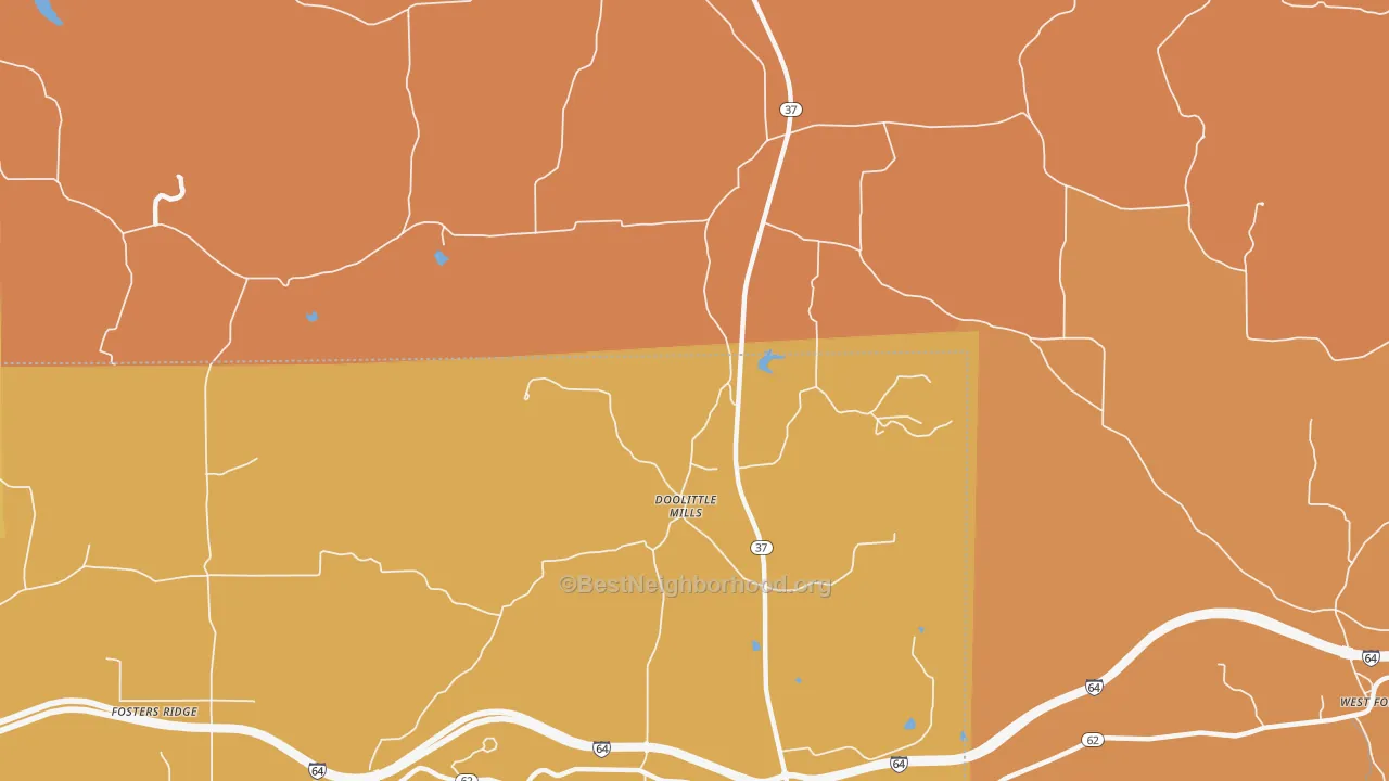 Map of the best neighborhoods in the Doolittle Mills area, with better matches in green and worse matches in red