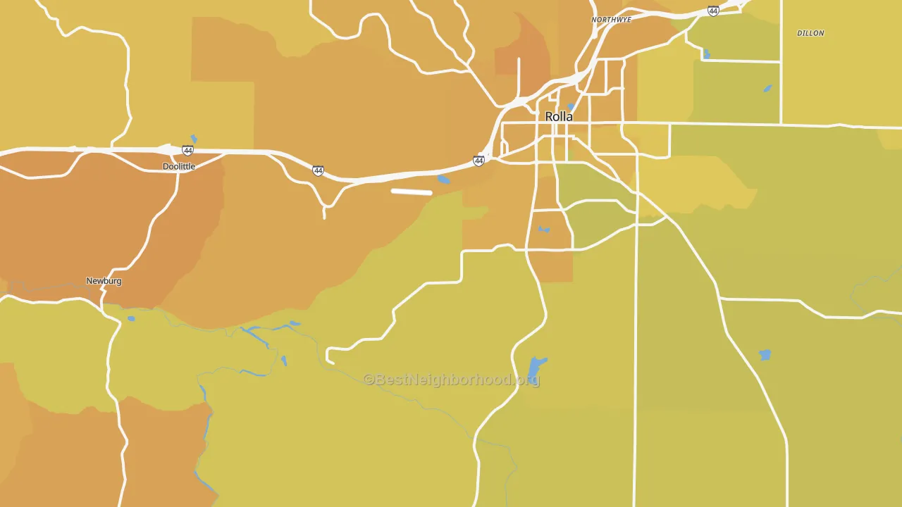 Map of the best neighborhoods in the Doolittle area, with better matches in green and worse matches in red