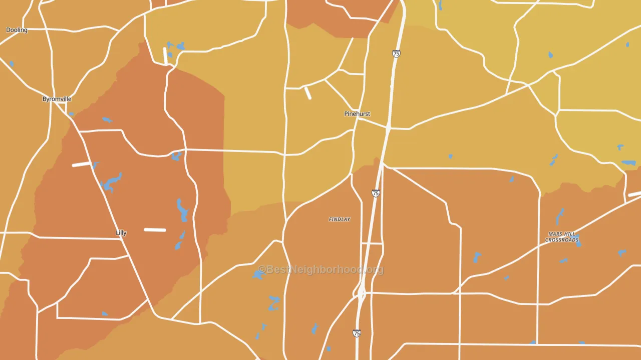 Map of the best neighborhoods in the Dooly County area, with better matches in green and worse matches in red