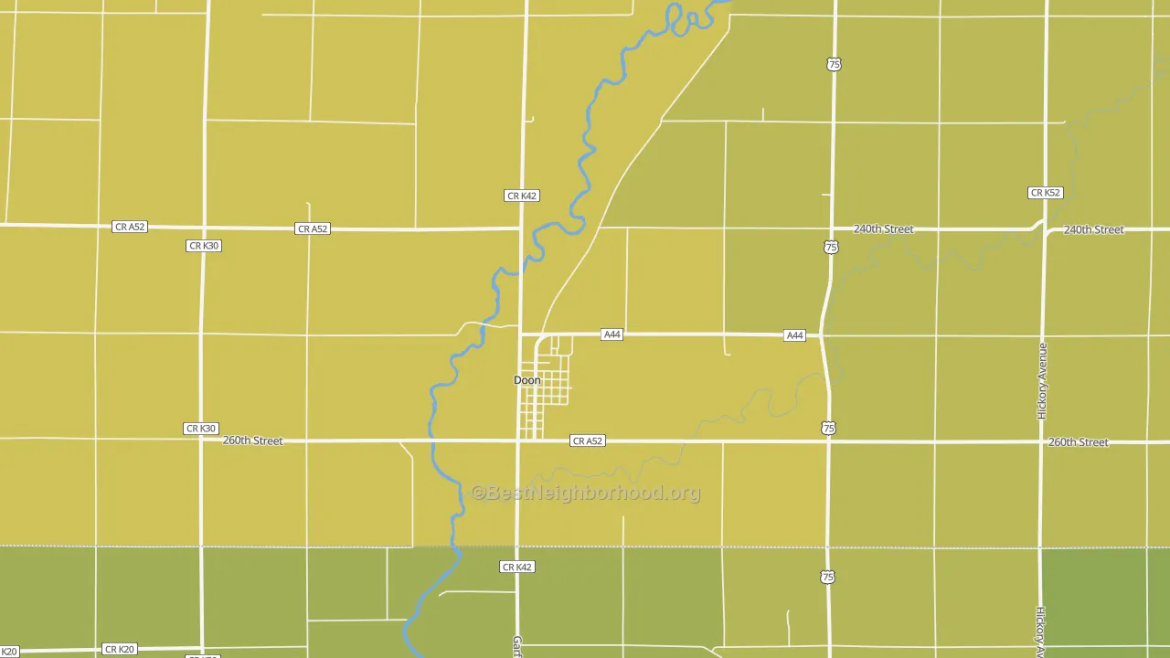 Map of the best neighborhoods in the Doon area, with better matches in green and worse matches in red