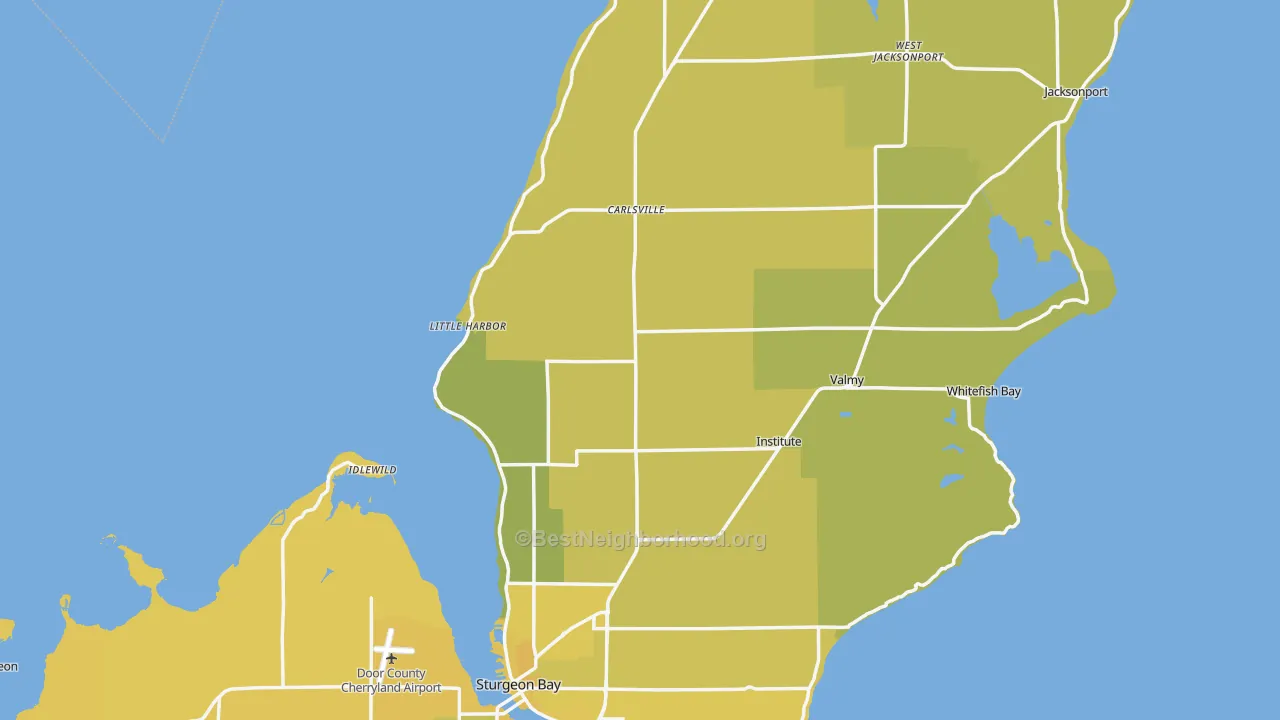 Map of the best neighborhoods in the Door County area, with better matches in green and worse matches in red