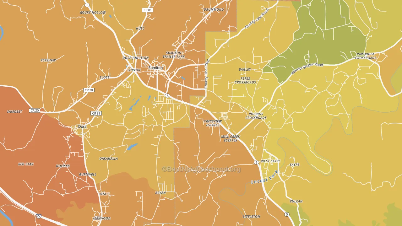 Map of the best neighborhoods in the Dora area, with better matches in green and worse matches in red