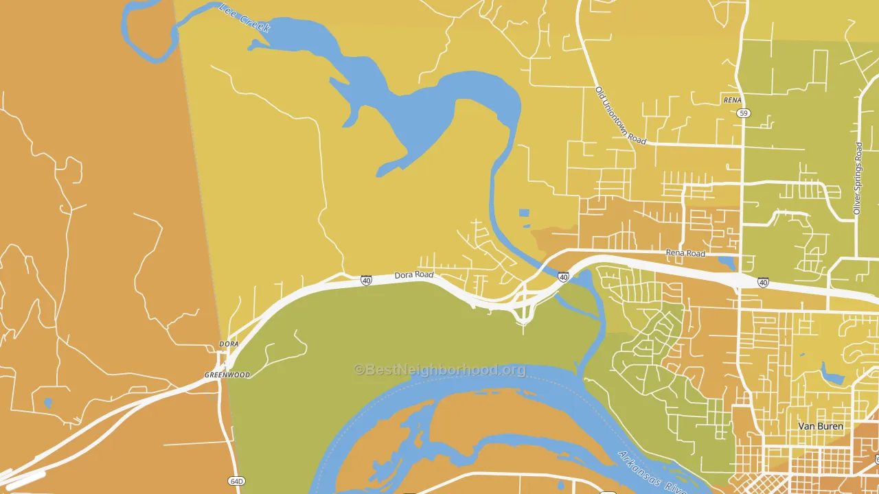 Map of the best neighborhoods in the Dora area, with better matches in green and worse matches in red