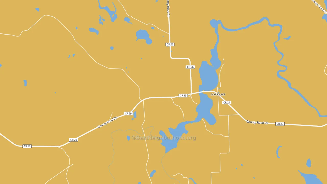 Map of the best neighborhoods in the Dora Lake area, with better matches in green and worse matches in red