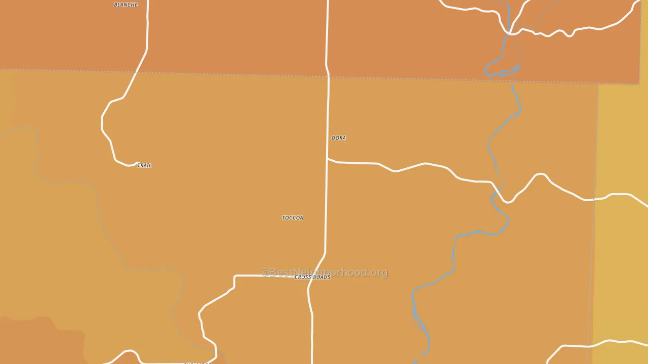 Map of the best neighborhoods in the Dora area, with better matches in green and worse matches in red