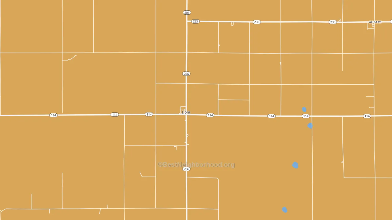 Map of the best neighborhoods in the Dora area, with better matches in green and worse matches in red