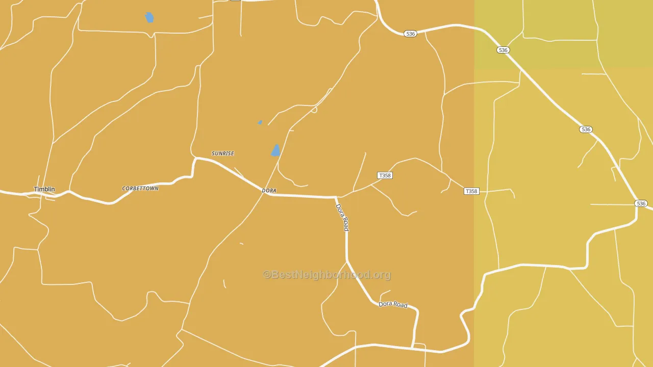 Map of the best neighborhoods in the Dora area, with better matches in green and worse matches in red