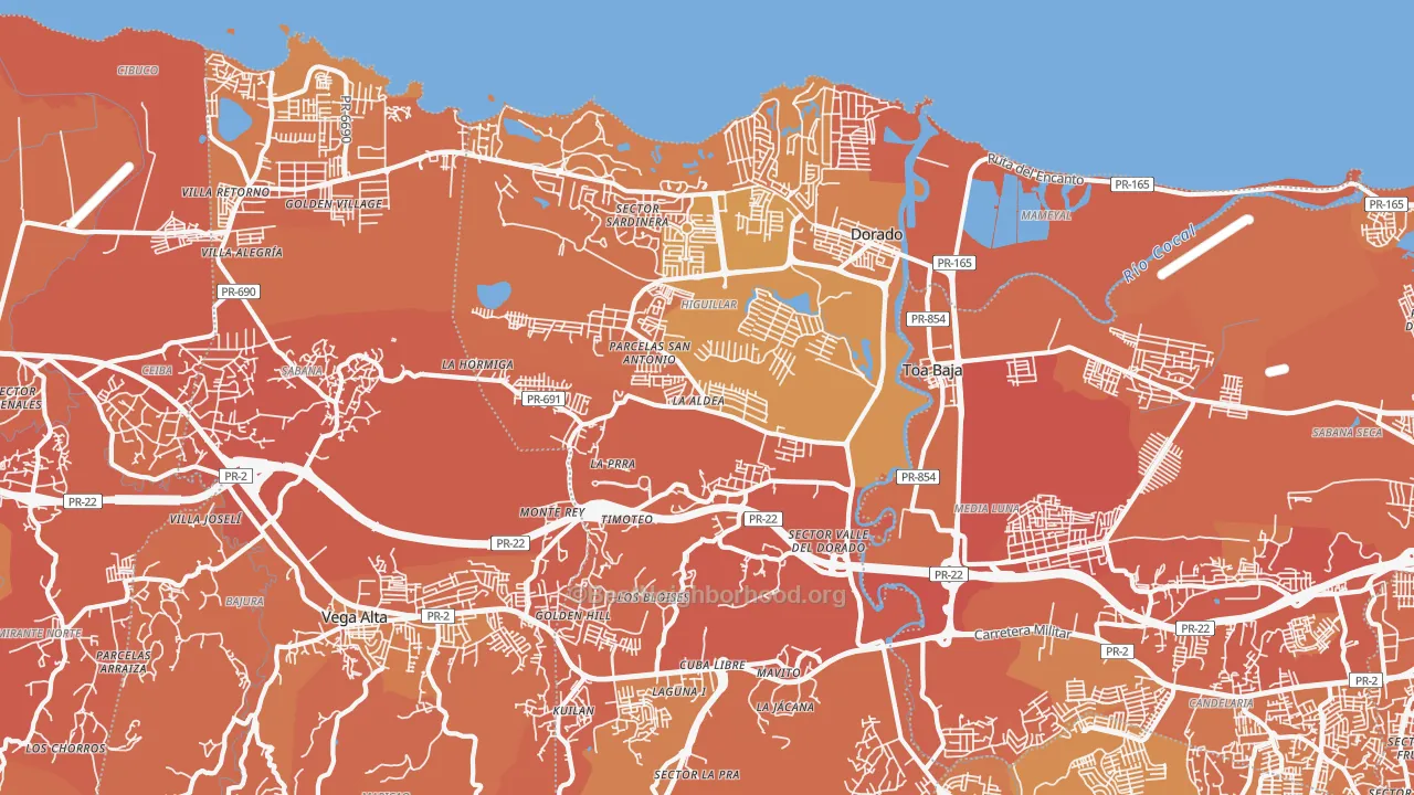Map of the best neighborhoods in the Dorado Municipio area, with better matches in green and worse matches in red