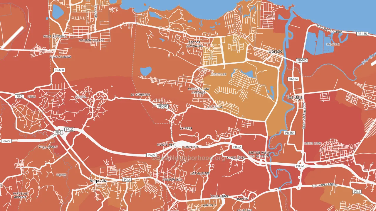 Map of the best neighborhoods in the Dorado area, with better matches in green and worse matches in red