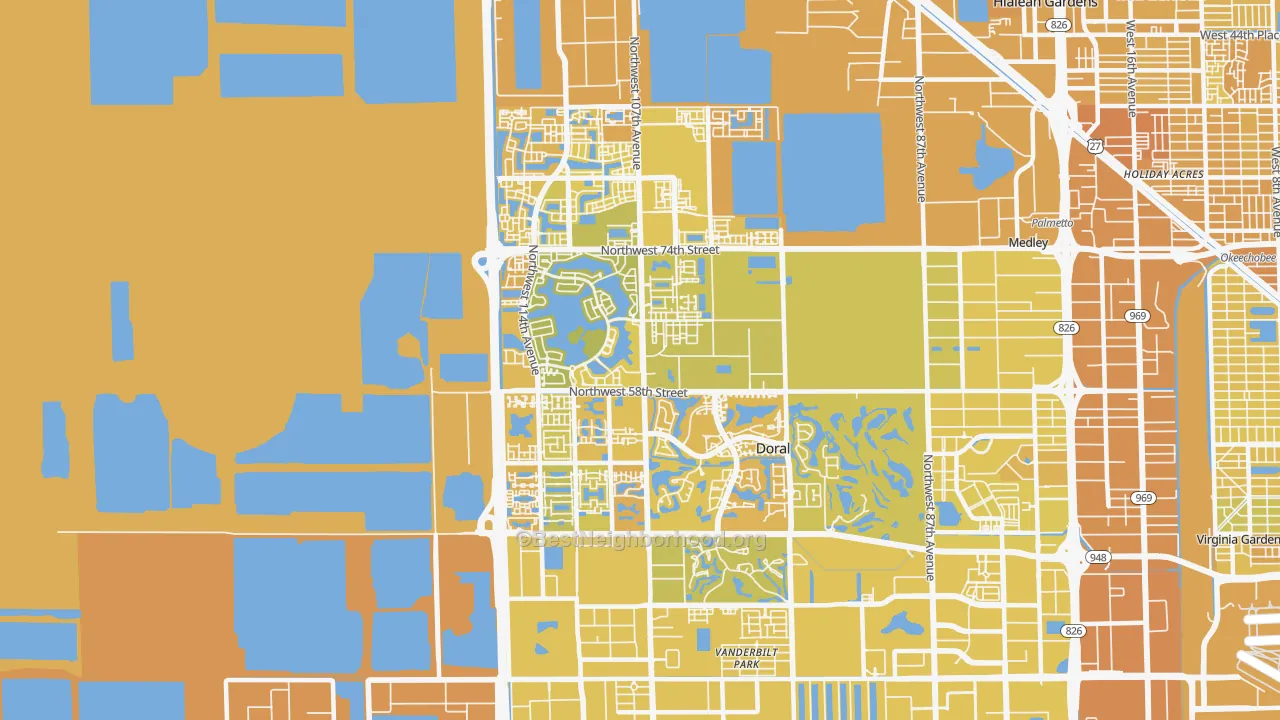 Map of the best neighborhoods in the Doral area, with better matches in green and worse matches in red