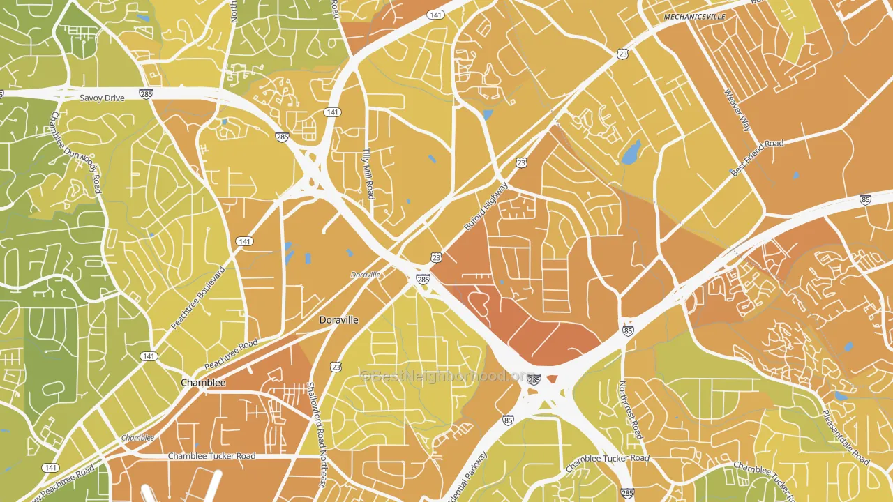 Map of the best neighborhoods in the Doraville area, with better matches in green and worse matches in red