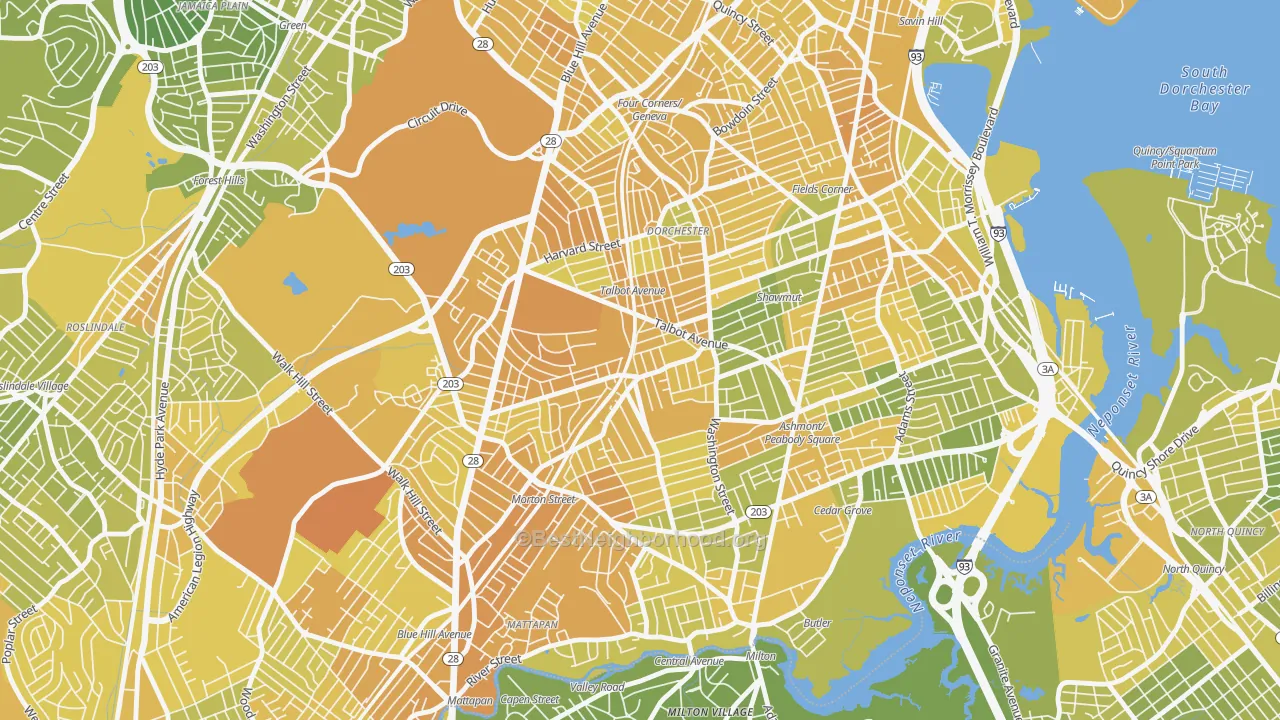 Map of the best neighborhoods in the Dorchester Center, Boston area, with better matches in green and worse matches in red
