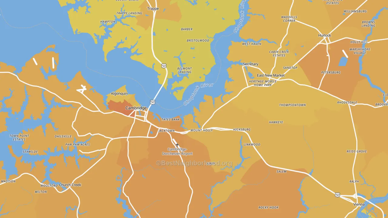 Map of the best neighborhoods in the Dorchester County area, with better matches in green and worse matches in red