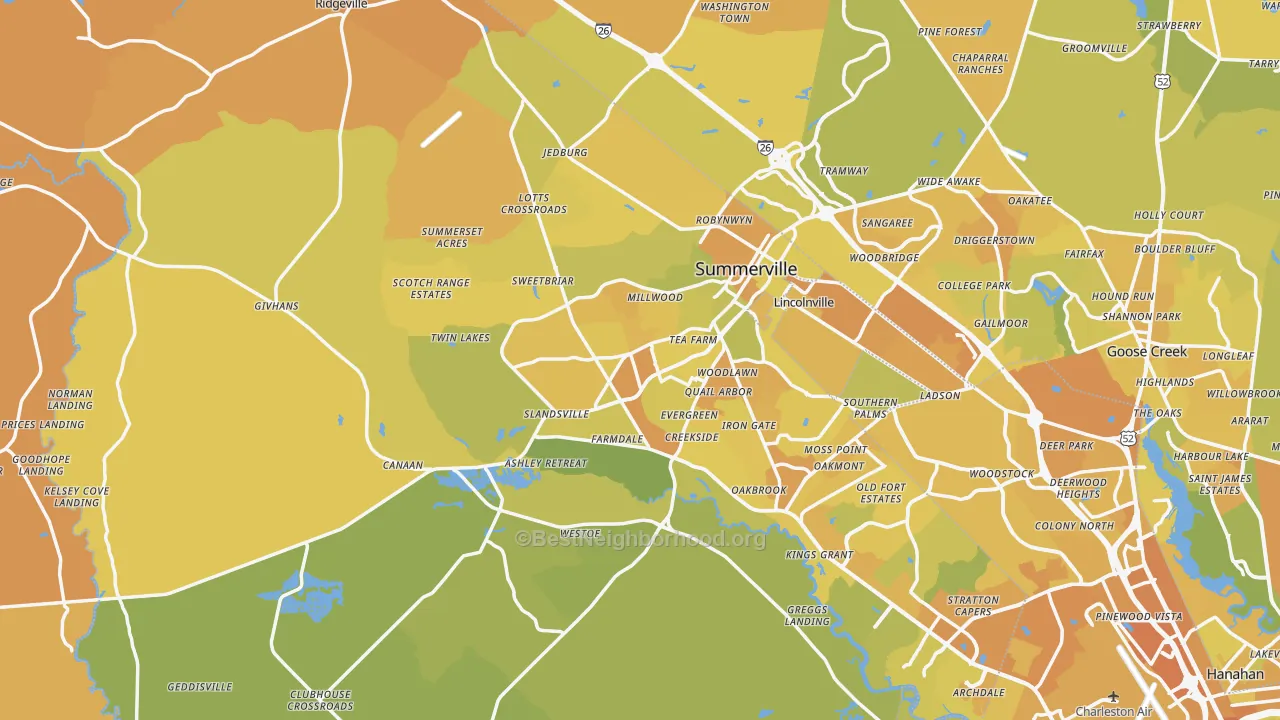 Map of the best neighborhoods in the Dorchester County area, with better matches in green and worse matches in red