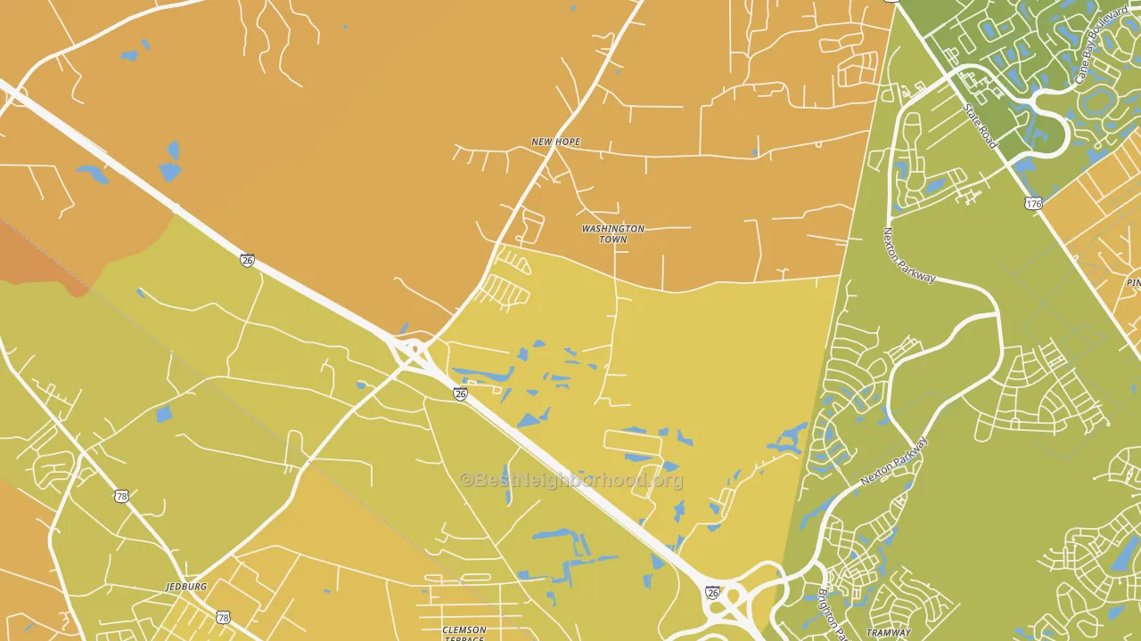 Map of the best neighborhoods in the Dorchester Estates area, with better matches in green and worse matches in red