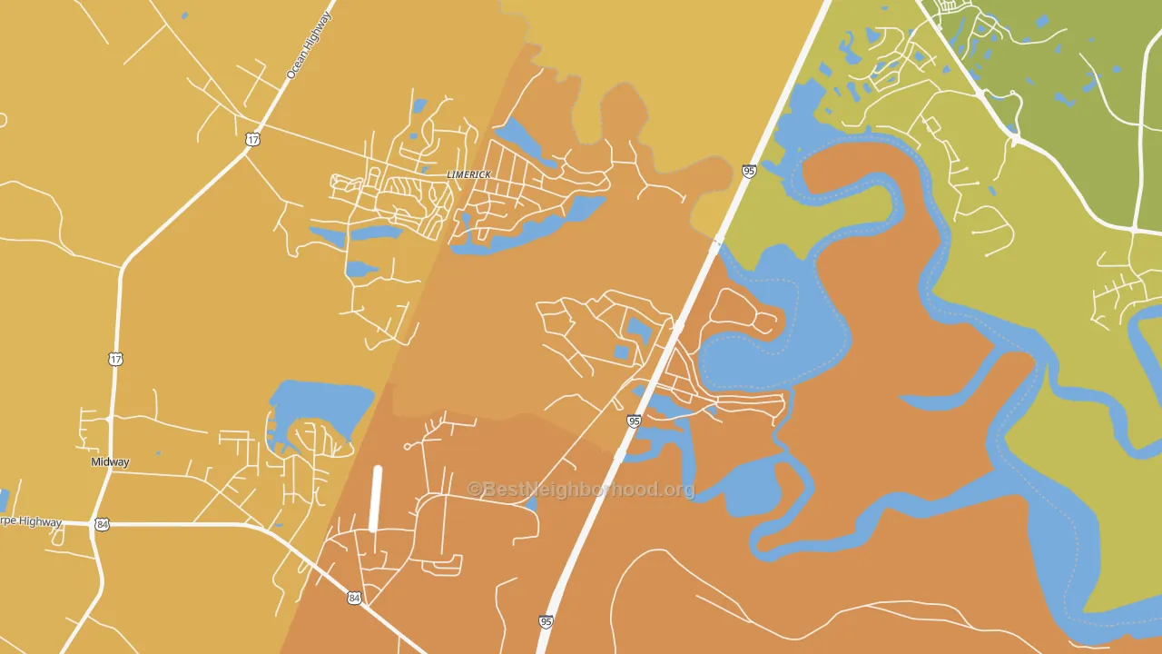 Map of the best neighborhoods in the Dorchester area, with better matches in green and worse matches in red
