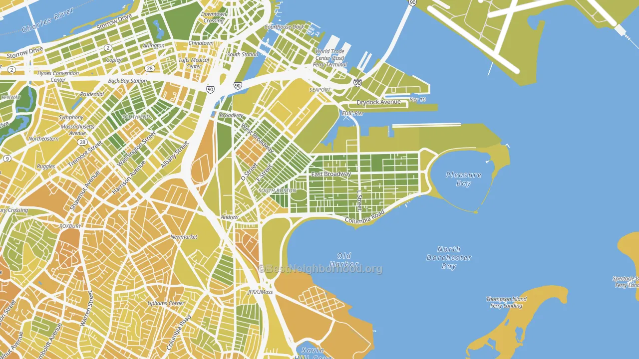 Map of the best neighborhoods in the Dorchester Heights, Boston area, with better matches in green and worse matches in red