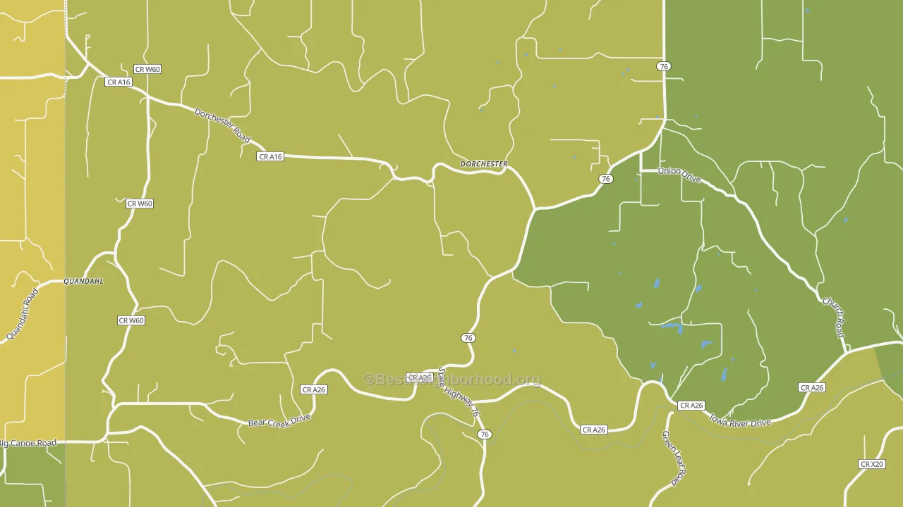 Map of the best neighborhoods in the Dorchester area, with better matches in green and worse matches in red