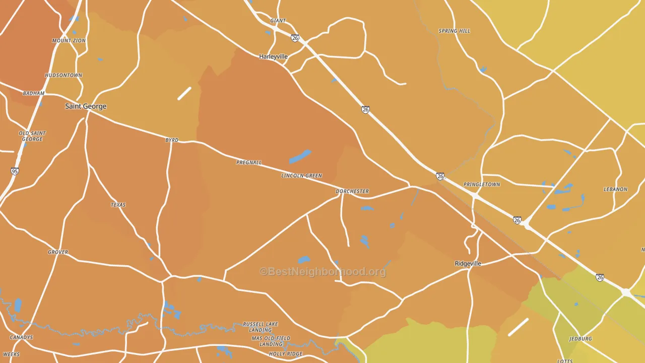Map of the best neighborhoods in the Dorchester area, with better matches in green and worse matches in red