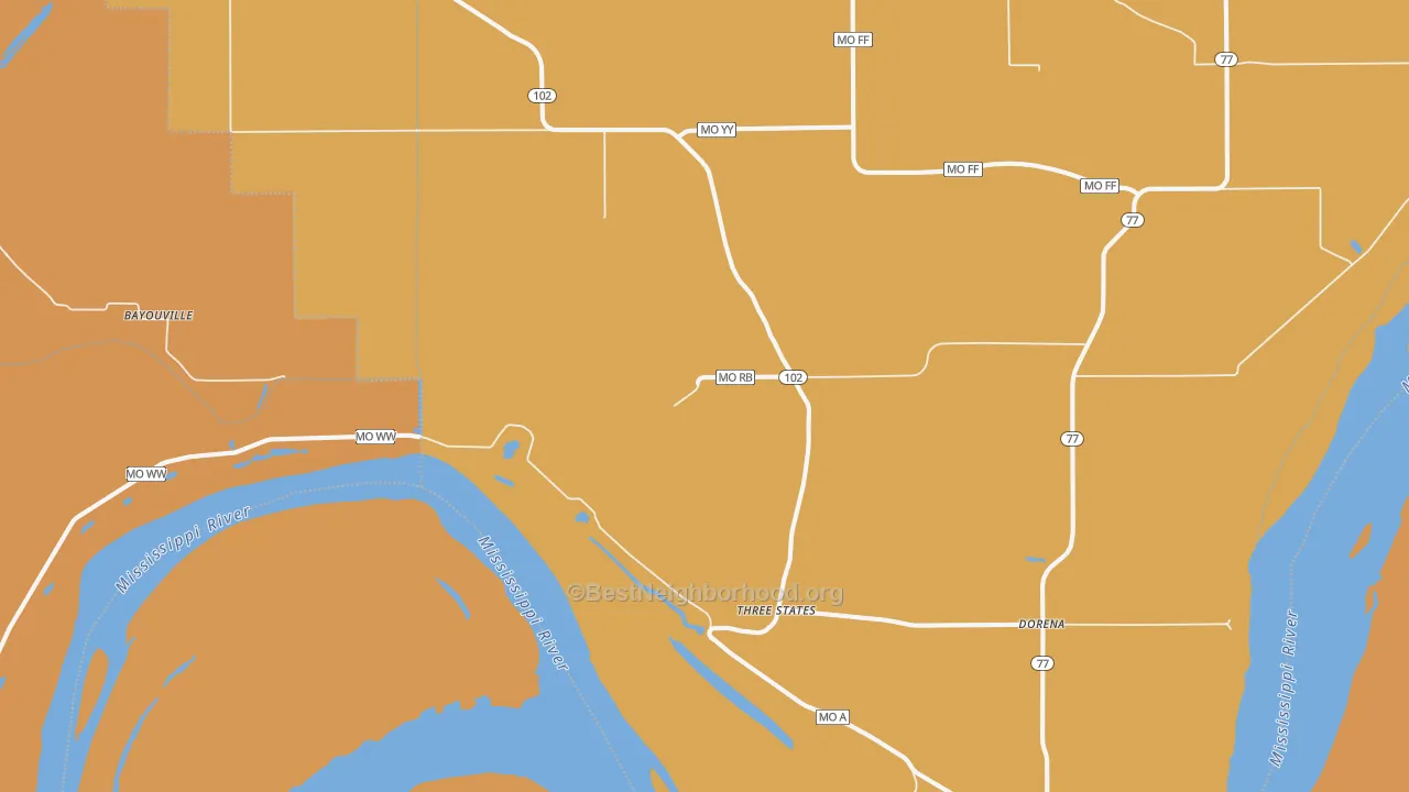 Map of the best neighborhoods in the Dorena area, with better matches in green and worse matches in red