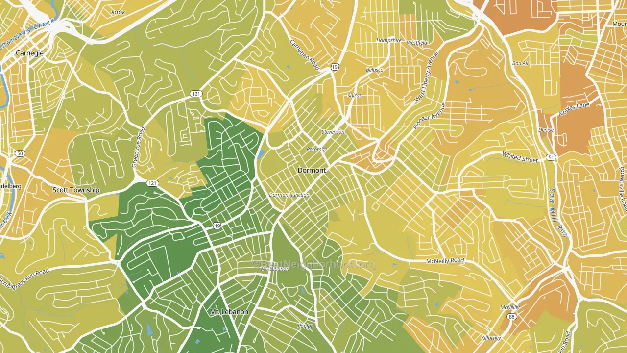 Map of the best neighborhoods in the Dormont area, with better matches in green and worse matches in red